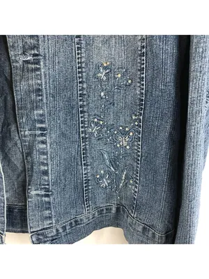 Misswan Womens Denim Jacket Embroidered Butterflies Floral Vintage Y2K US L thumbnail 2