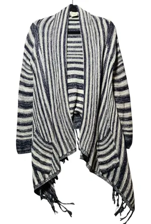 Billabong‎ Open Front Drape Cardigan Knit M Navy Blue White Striped Boho Fringe thumbnail 1