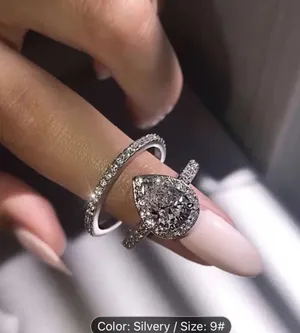 2pc Exquisite Silvery Alloy Teardrop Cubic Zirconia Bridal Set Rings thumbnail 1