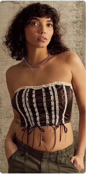 Urban Outfitters Women Mandy Lace Up Brown Satin Coquette Ren Faire Corset Top M thumbnail 1