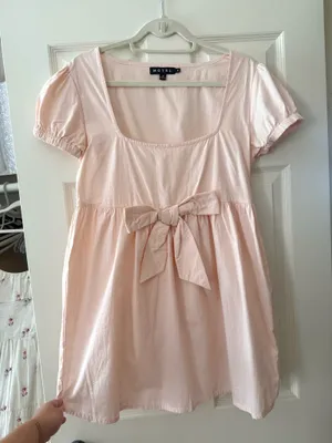 Motel Light Pink Poplin Bow Babydoll Mini Dress thumbnail 1