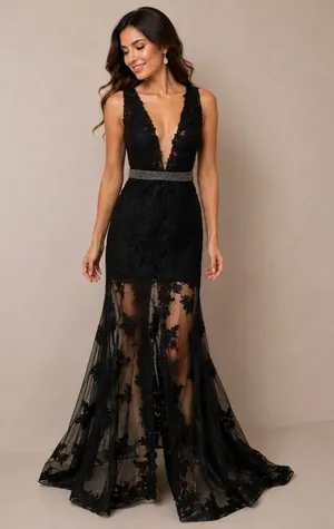 Sherri Hill Black Lace Plunging V-Neck Beaded Waist Formal Gown Dress Size 4 thumbnail 1