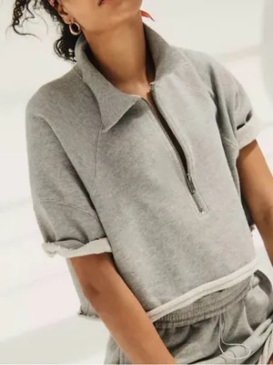 Free People Movement Oversized Gray 1/2 zip Short Sleeve 100% cotton size small thumbnail 1