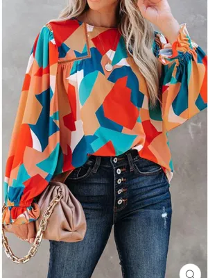 Vici Teal, Orange & Cream Abstract Balloon-Sleeve Blouse thumbnail 1