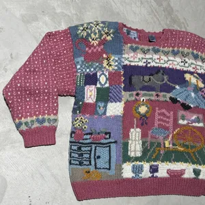 Vintage Hand Knitted Cardigan Sweater SZ L Cottagecore Antiques Farm House Pink thumbnail 3