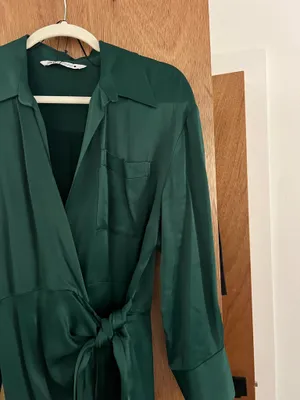 Zara forest teal green satin silky maxi tie dress thumbnail 4