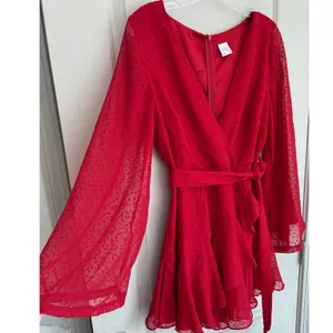 Selfie Leslie Red Clip Dot Bell Sleeve Ruffle Wrap Mini Dress M 6 thumbnail 4