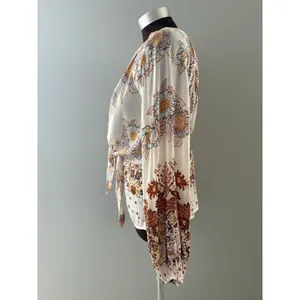 Free People Blouse Womens M White Floral Run Free Balloon Sleeve Tie Front Silky thumbnail 4
