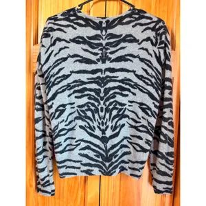 Vertical Design Cashmere Tiger Stripe Cardigan Grey Black Animal Print Sweater L thumbnail 2