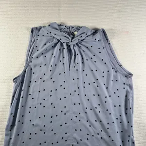LOFT Women’s Medium Sleeveless Blouse Blue Black Polka Dot Tie Neck Career Top thumbnail 2