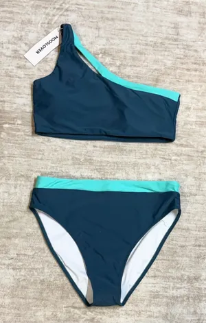 Mooslover Women’s Large Blue One Shoulder Bikini Swimsuit 2 Piece Cut out New thumbnail 1