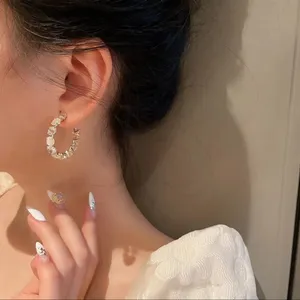 Big Opal Rhinestone C-Shaped Hoop Earrings for Women, Minimalist Wedding Party thumbnail 3