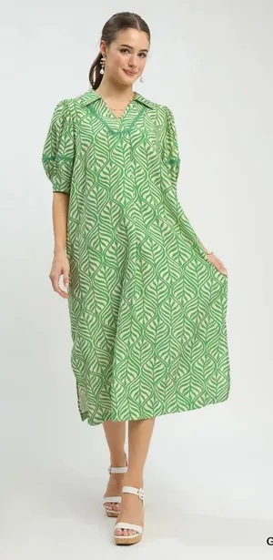 Umgee Printed Puff Sleeve Midi Dress with Pockets‎ - Small thumbnail 1