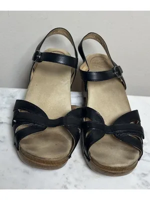 Women’s DANSKO Season Black Full Grain Leather Clog Strappy Sandals Heels Sz 39 thumbnail 3