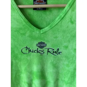 Vintage Harley Davidson Chicks Rule Lime Green Tie Dye Baby Tee thumbnail 3