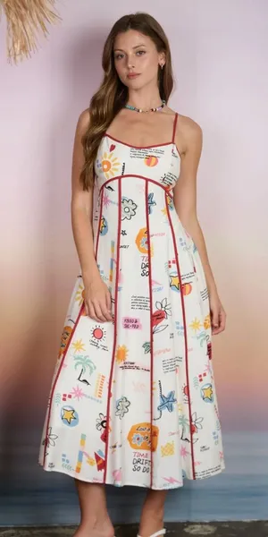 NWT Blu Pepper Last Vacation Midi Dress Cream Multi Print Medium thumbnail 1