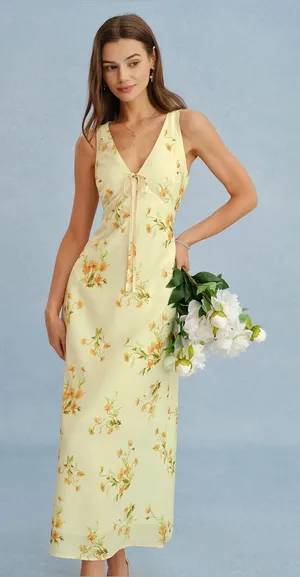 Rihoas Yellow V Neck Floral Chiffon Maxi Dress thumbnail 1