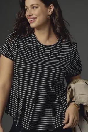 Maeve by Anthropologie Black and White Striped Peplum Top Size XS thumbnail 1