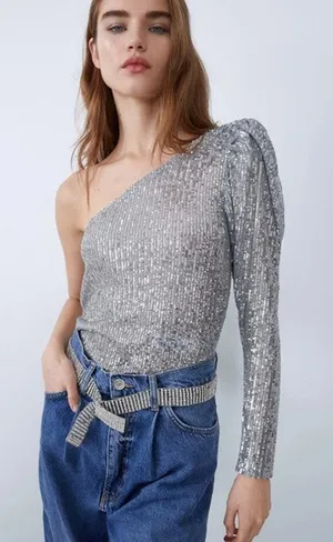 Zara Silver Sequined One Shoulder Long Sleeve Bodysuit Women's Size Large thumbnail 1