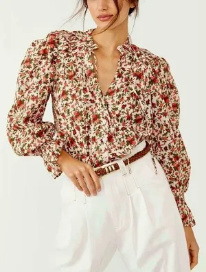FREE PEOPLE Meant To‎ Be Blouse Floral Vintage Combo Ruffled Smocked Small thumbnail 1
