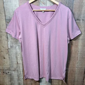 Maurices Mauve Pink Crochet Trim V-Neck Short Sleeve Top XL Boho Casual Basic thumbnail 1