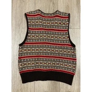 Vintage Lizsport Fair Isle Sweater Vest Brown Red Cotton Blend Button Front M thumbnail 4