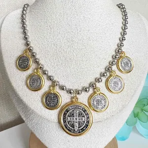 Anthropologie Gold Silver Plated Dangling Coins Necklace Beaded Chain stainless steel jewelry thumbnail 5