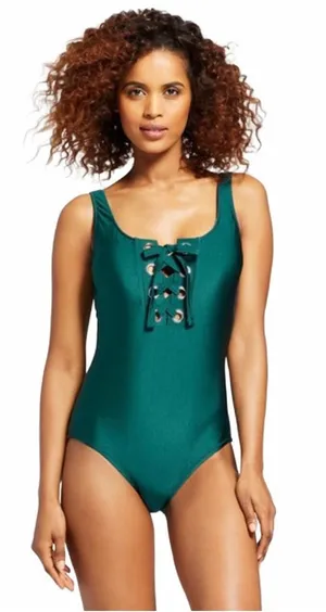 Mossimo Jungle Green Grommet Lace Up One Piece Swimsuit Size Small thumbnail 1