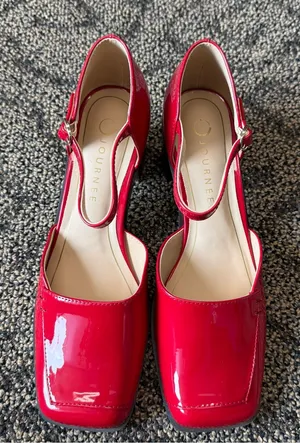 Journee Collection Evangeline Patent Leather Square Toe Block Heel Pumps in Red thumbnail 1