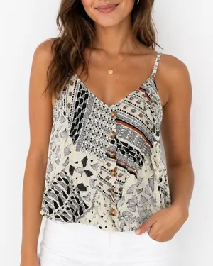 Paper Crane Geometric Abstract Button Front Cami Tank Top Cream Black Large thumbnail 1