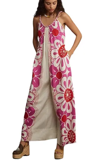 Farm Rio medium Maia jumpsuit Pink White Floral Print Women’s linen thumbnail 1
