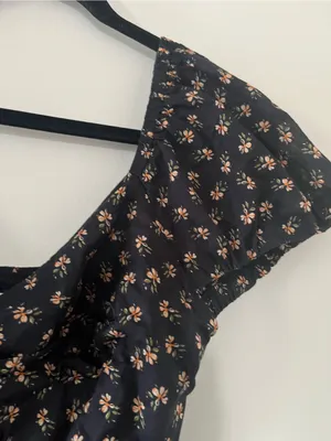 Black Orange Floral Print Puff Sleeve Smocked Midi Dress Medium Cottagecore thumbnail 5