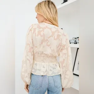 NWT Lulus Patio Date Ivory Floral Jacquard Button-Up Long Sleeve Top Size M thumbnail 2