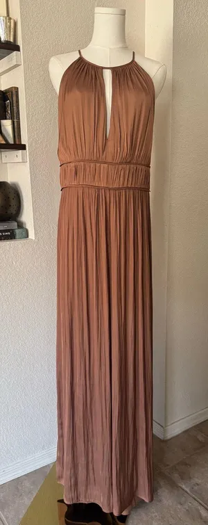Mango Flowy Wide Leg Halter Jumpsuit With Pleated Details in Copper Size Large thumbnail 1