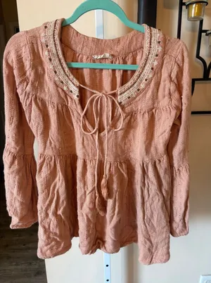 Altar'd State Boho Beaded Peasant Blouse Terracotta Bell Sleeve Top Small thumbnail 1
