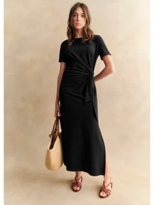 NWT Sezane Pippa in Noir Black Tie Waist Side Slit Maxi T-Shirt Dress S thumbnail 2