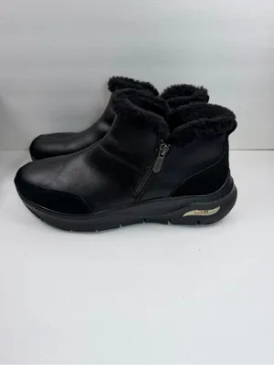 Skechers Arch Fit Women’s 11 Black Leather Faux Fur Ankle Boots Zip Comfort thumbnail 3