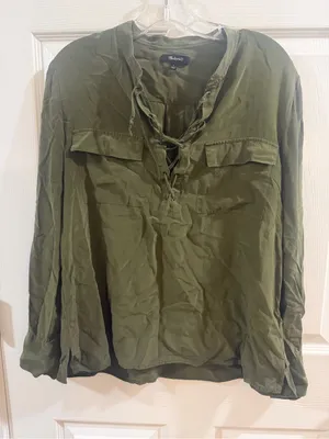 Madewell Olive Green Lace-Up 100% Silk Long Sleeve Blouse thumbnail 1