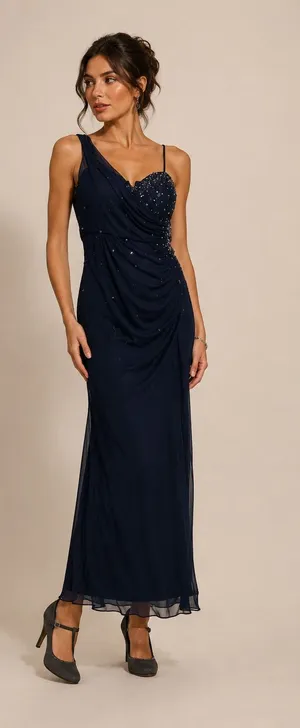Xscape Blue Beaded One Shoulder Maxi Formal Dress Womens 12 Ruched Bridesmaid thumbnail 1