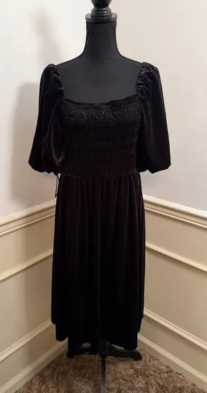 Draper James RSVP Black Velvet Smocked Puff Sleeve Midi Dress Style #KD7256V2 thumbnail 1