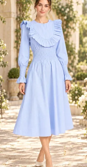 Tory Burch Light Blue Ruffle-Trim Midi Dress thumbnail 1