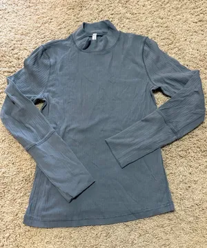 Ribbed Mock Neck Long Sleeve Top - Slate Blue Gray thumbnail 1