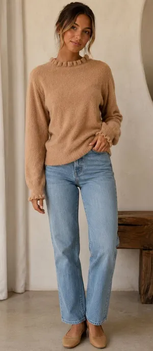 DOEN Alpaca Wool Blend Ruffle Trim Sweater Camel Puff Sleeve Knit Small thumbnail 1
