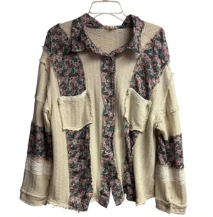 POL Floral Patchwork Cotton Blend Oversized Distressed Shacket Size Medium thumbnail 1