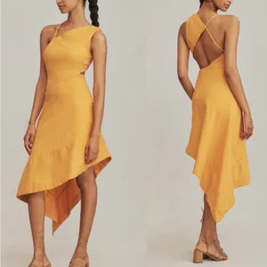 Anthropologie Sleeveless Asymmetrical Open Back Linen Midi Dress 14‎ Orange thumbnail 2