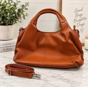 Brown Pebbled Faux Leather Satchel Handbag Shoulder Bag w/ Strap thumbnail 1