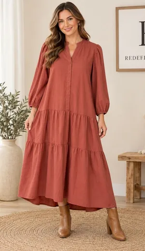 Entro Terracotta Rust Tiered Maxi Dress Long Sleeve V-Neck D19440 Large NEW thumbnail 1