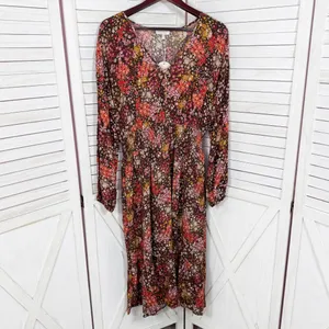 Cottagecore Floral‎ Smocked Waist Long Sleeve Boho Midi Dress Brown Multi Large thumbnail 6