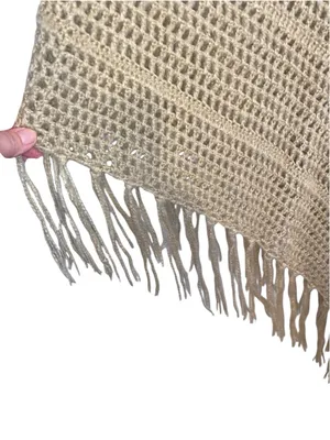Vintage The Original Arizona Jean Co. Boho Crochet Knit Fringe Poncho Tan Fall thumbnail 5