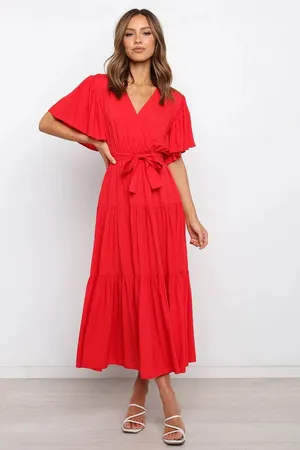 Boutique Bright Red V-neck Flutter Sleeve Midi Dress thumbnail 2